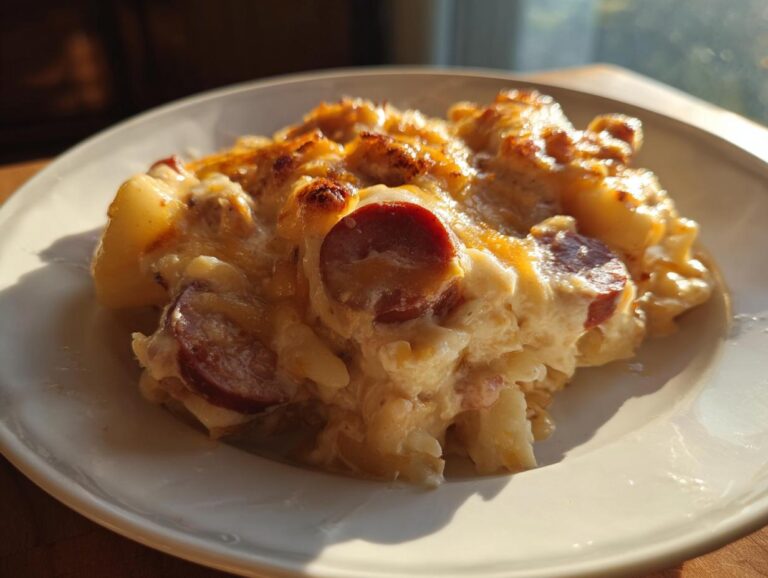 A close-up serving of creamy pierogi casserole topped with melted, browned cheese and slices of smoked sausage.