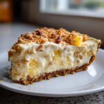 A thick slice of rich, creamy million dollar pie with pineapple chunks and a toasted coconut pecan topping.