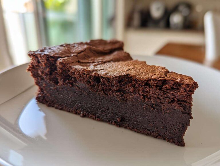 A thick slice of dark, dense flourless chocolate cake with a cracked top, resting on a white plate.