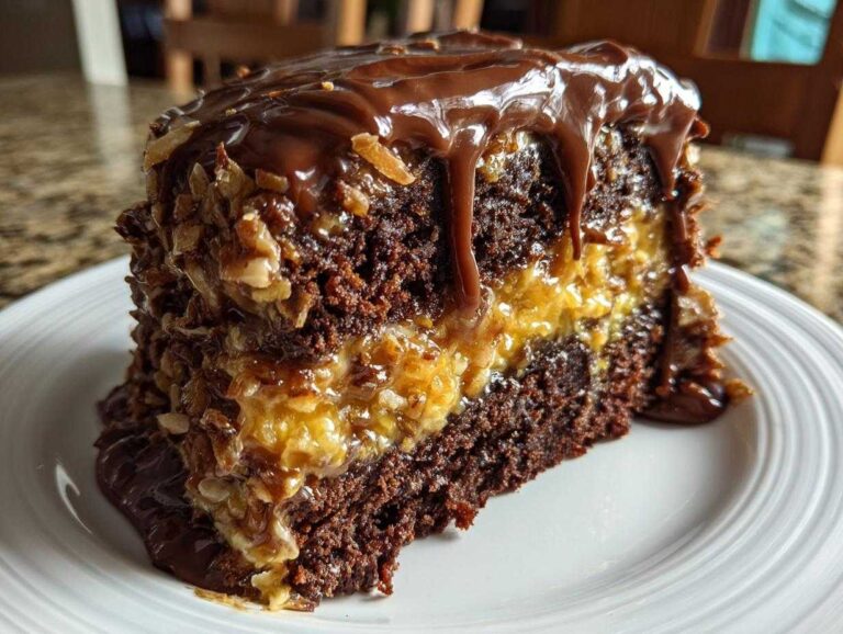 A moist slice of german chocolate cake recipe featuring dark chocolate layers and thick coconut-pecan frosting, topped with chocolate ganache.
