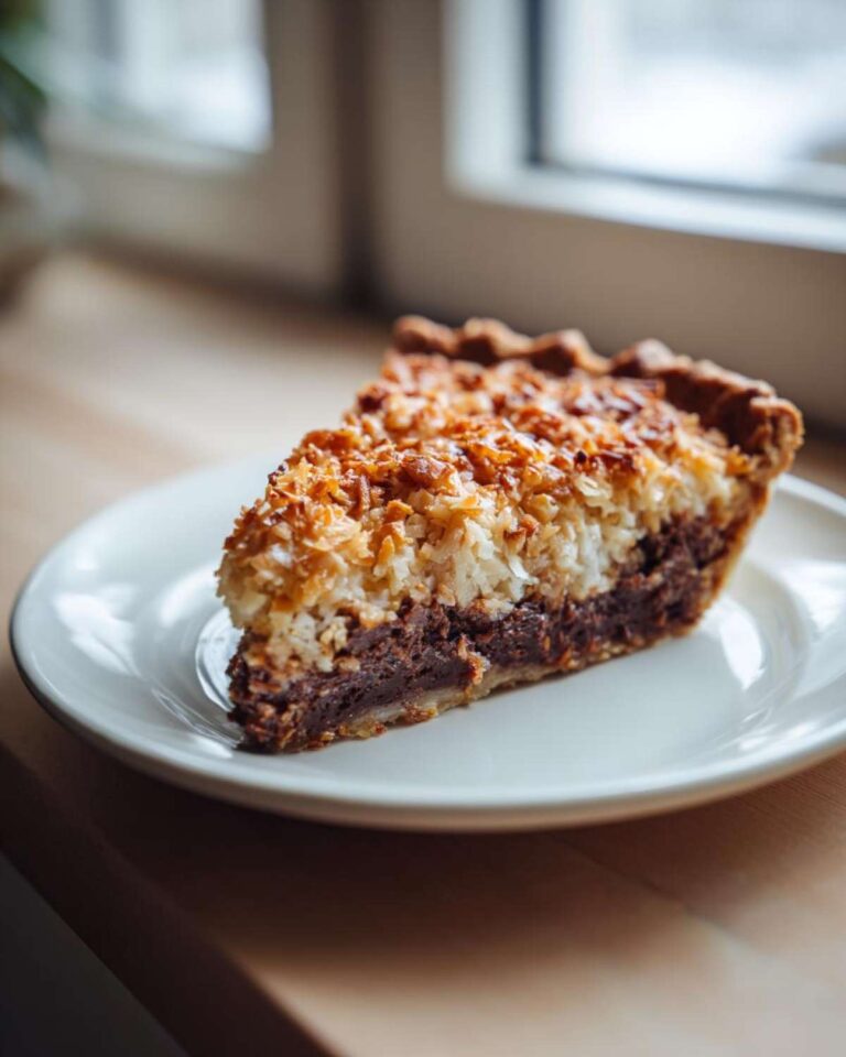 A close-up of a slice of german chocolate pie featuring a dark chocolate layer and a thick, toasted coconut topping.