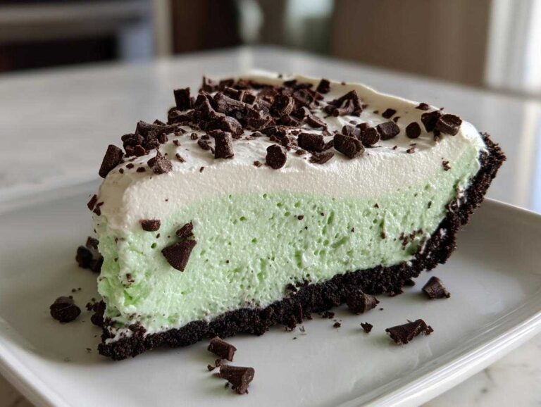 A close-up of a perfect slice of grasshopper pie with a mint green filling, whipped cream topping, and chocolate shavings.