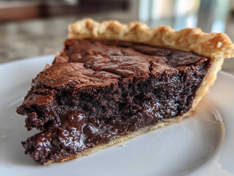 Close-up of a rich, dark slice of hot fudge pie showing a gooey, molten chocolate center and flaky crust.