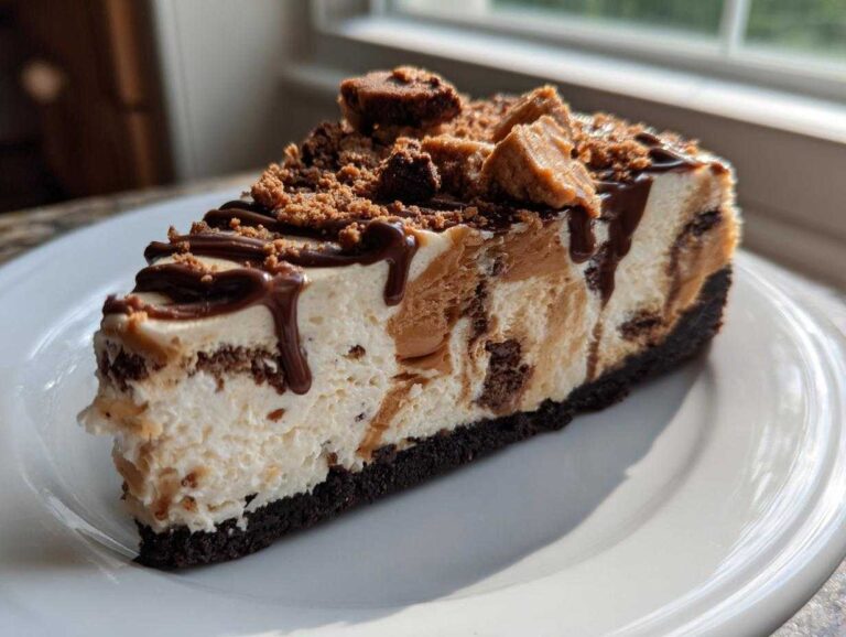 A decadent slice of biscoff cheesecake with a dark crust, swirled filling, chocolate drizzle, and cookie crumbles on top.