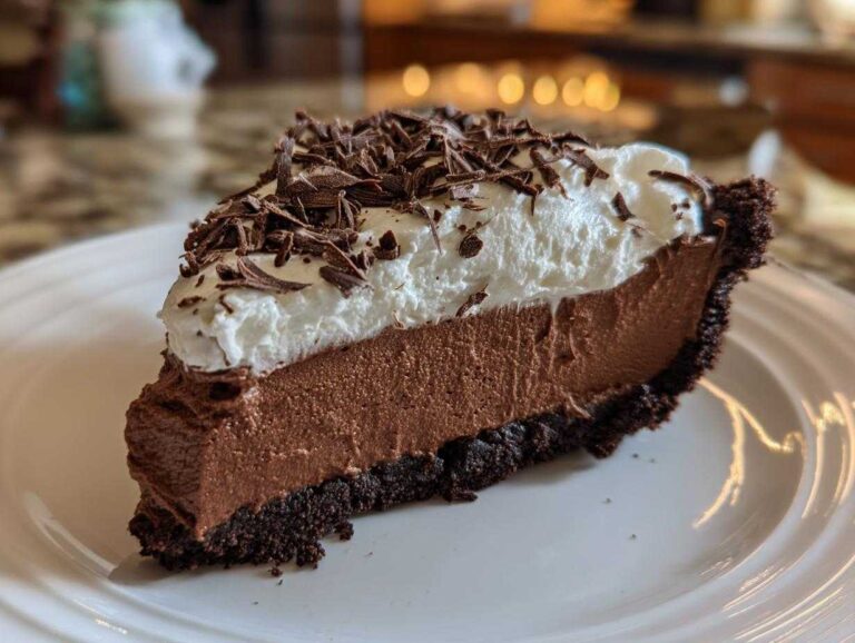 A perfect slice of french silk pie featuring a dark chocolate crust, rich chocolate filling, and topped with whipped cream and chocolate shavings.