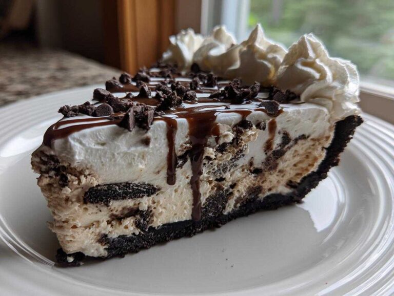 A close-up of a rich slice of ice cream pie with a dark crust, creamy filling, whipped cream, and chocolate drizzle.