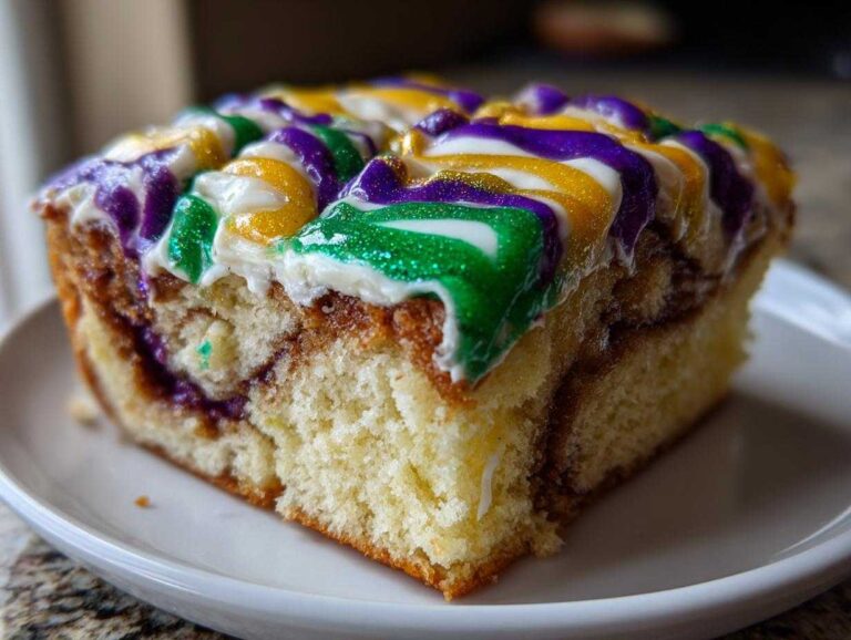 Close-up of a square slice of moist king cake featuring cinnamon swirl and topped with thick, shimmering purple, green, and gold icing.