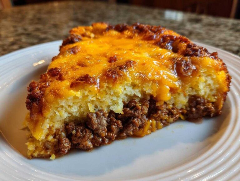 Close-up of a slice of tamale pie showing a thick layer of seasoned ground meat topped with golden cornbread and melted cheddar cheese.