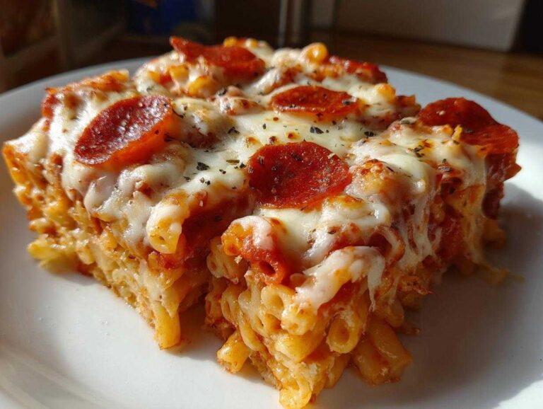 A close-up shot of a hearty slice of pizza casserole topped with melted mozzarella and pepperoni.