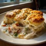 A close-up of a serving of slow cooker chicken pot pie topped with golden biscuits, showing creamy filling, chicken, peas, and carrots.