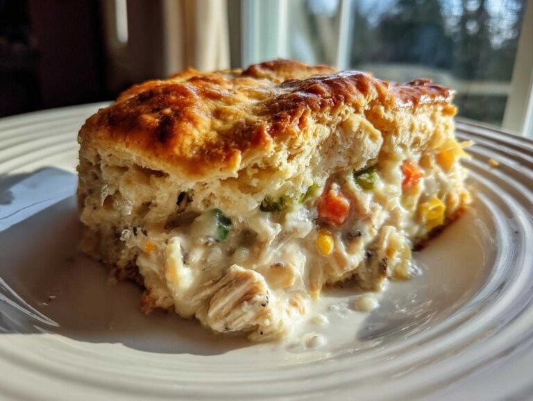 A close-up serving of slow cooker chicken pot pie with a thick, creamy filling and golden biscuit topping.