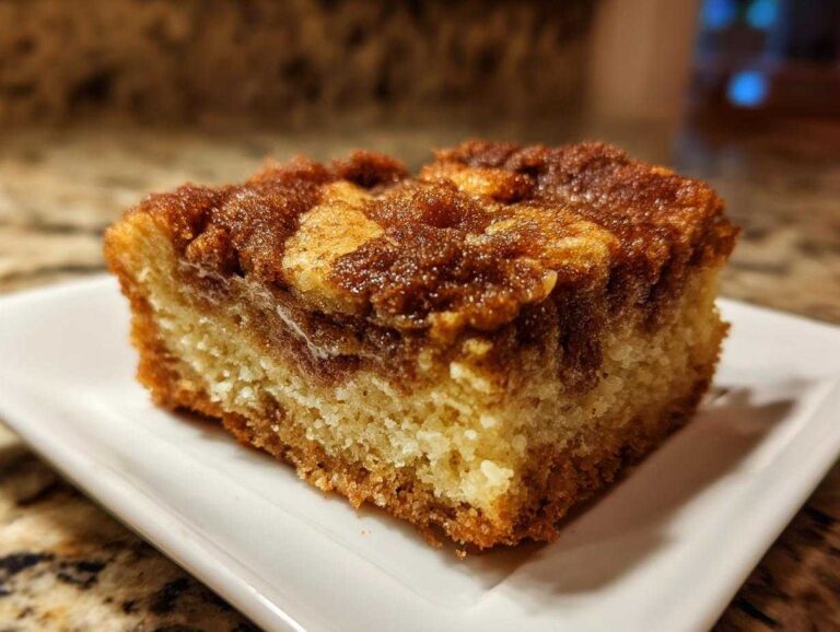 A single square of rich, chewy snickerdoodle blondies with a cinnamon swirl topping served on a white dish.