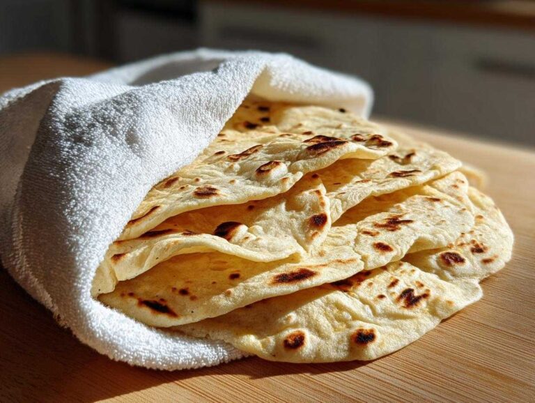 A stack of freshly made, soft corn tortillas, lightly browned, wrapped in a white towel.
