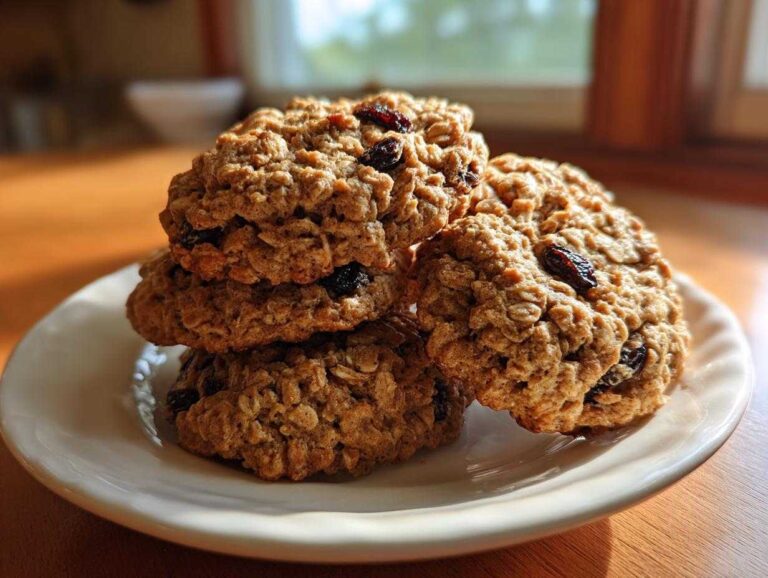 A close-up stack of four soft oatmeal raisin cookies resting on a white plate, highlighted by natural light.