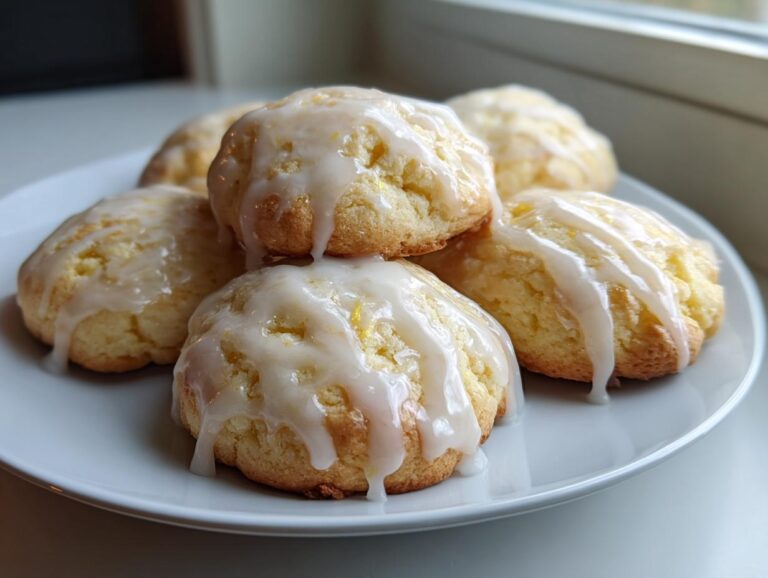 A stack of soft ricotta cookies drizzled generously with a white lemon glaze, presented on a white plate.