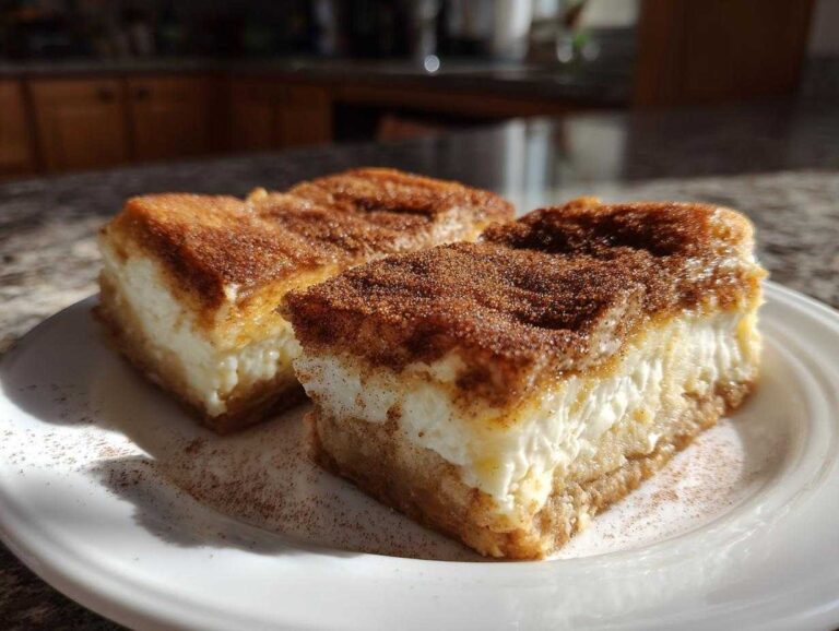 Three squares of creamy sopapilla cheesecake topped generously with cinnamon sugar, served on a white plate.