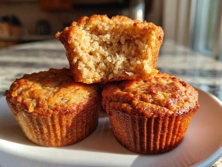 Three golden brown sourdough discard banana muffins stacked, with the top one broken open showing the moist interior texture.