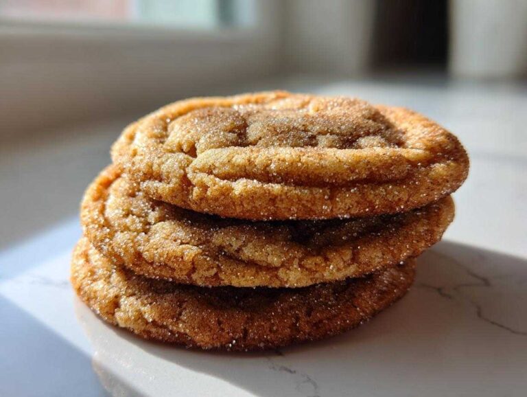 A close-up stack of three chewy brown butter sugar cookies coated in sparkling cinnamon sugar.