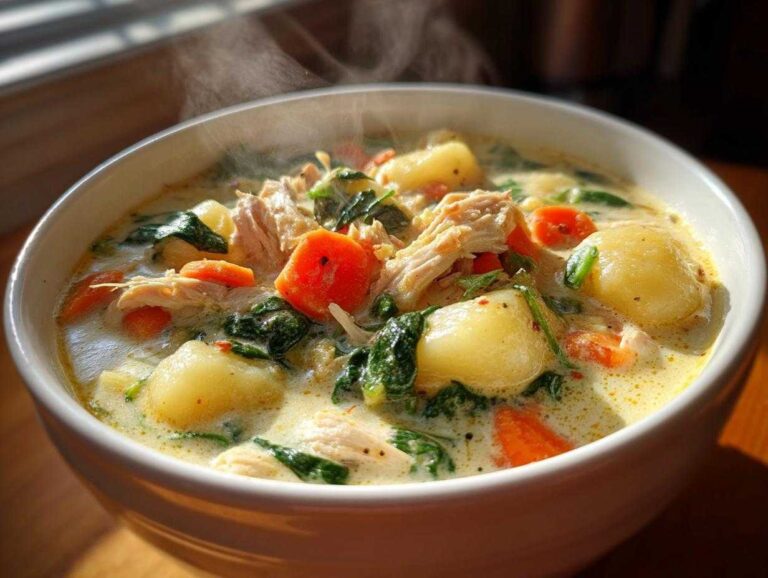 Close-up of a steaming white bowl filled with creamy gnocchi soup, featuring plump gnocchi, shredded chicken, carrots, and spinach.