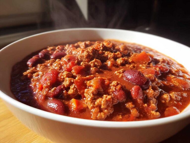 Close-up of a steaming white bowl filled with rich, thick high protein chili featuring ground meat and kidney beans.