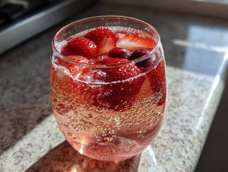 Close-up of a glass filled with bubbly pink champagne punch, topped with fresh strawberries and cherries.
