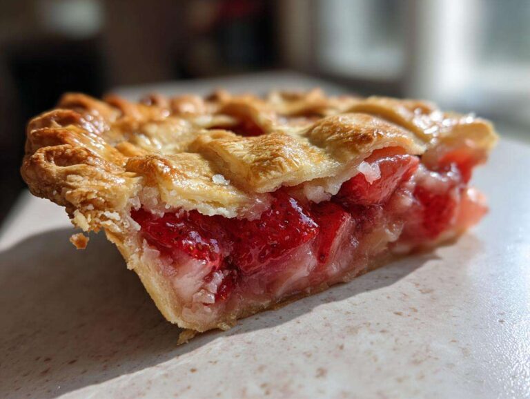 Close-up of a juicy slice of strawberry rhubarb pie showing the bright red filling and golden lattice crust.