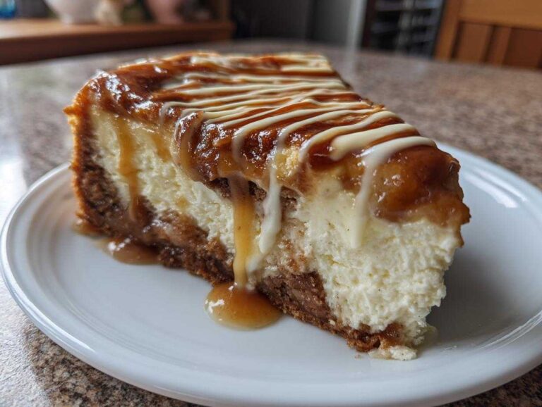 A close-up of a decadent slice of apple pie cheesecake topped with caramel and white chocolate drizzle.