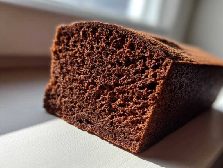 Close-up of the dense, dark brown crumb texture of the gingerbread house recipe dough.
