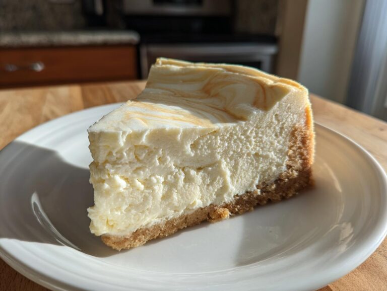 A thick slice of creamy sugar cookie cheesecake with a graham cracker crust, sitting on a white plate.