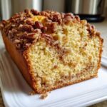 Close-up of a freshly baked slice of sweet alabama pecan bread showing its moist crumb and pecan streusel topping.