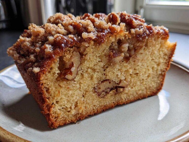 Close-up of a moist slice of sweet Alabama pecan bread featuring visible pecans and a glossy, crunchy pecan streusel topping.