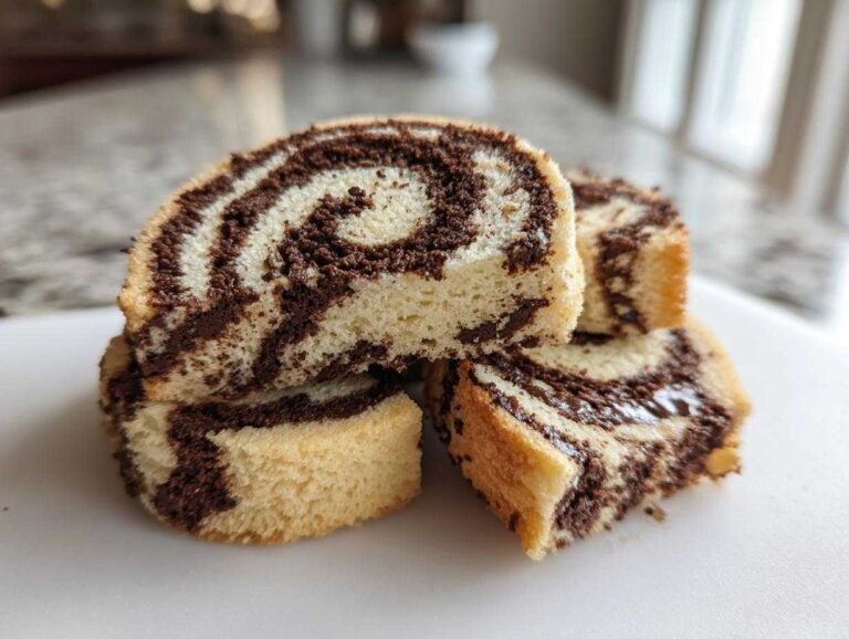 Three stacked slices of light and dark chocolate swirled pinwheel cookies showing the spiral pattern.