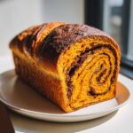 A golden, vibrant orange pumpkin sourdough loaf with a dark chocolate swirl, sliced to show the interior.