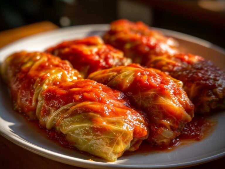 Close-up of several savory cabbage rolls smothered in bright red tomato sauce, served on a white plate.