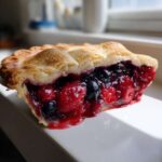 Close-up of a slice of amazing triple berry pie showing a flaky crust and rich, juicy filling of raspberries and blueberries.