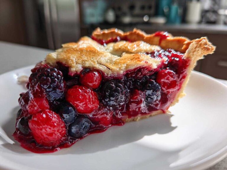 A close-up shot of a generous slice of triple berry pie, showcasing the vibrant, juicy filling of raspberries, blueberries, and blackberries.