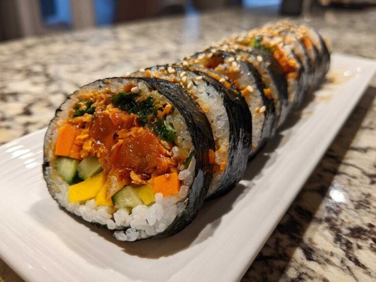 A row of freshly sliced tuna kimbap, showing rice, seaweed, and colorful fillings like cucumber and carrots, sprinkled with sesame seeds.
