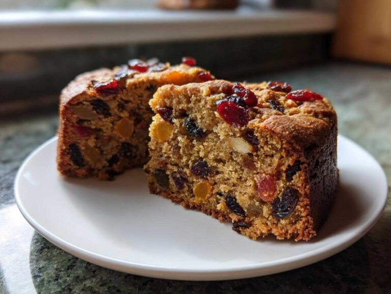 Two thick slices of homemade fruit cake, packed with dried fruits and nuts, resting on a white plate.