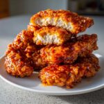 A stack of crispy hot honey chicken tenders, one cut open to show the juicy white meat inside.