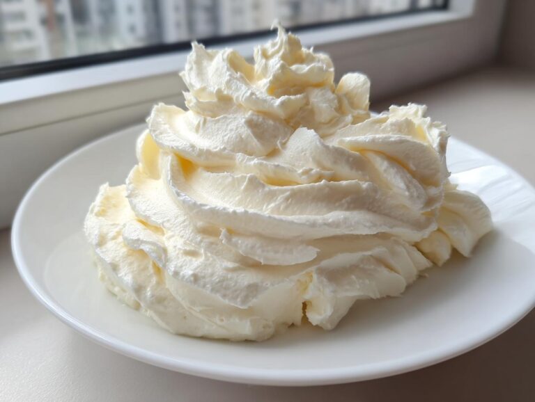 A generous swirl of light, fluffy vanilla buttercream frosting piped onto a white plate.