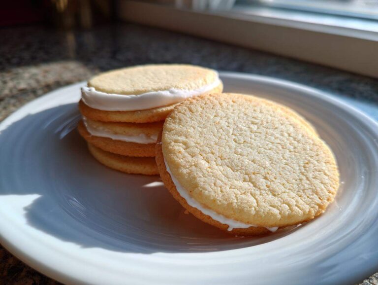 Close-up of stacked vegan sugar cookies sandwiched with thick white frosting on a white plate.