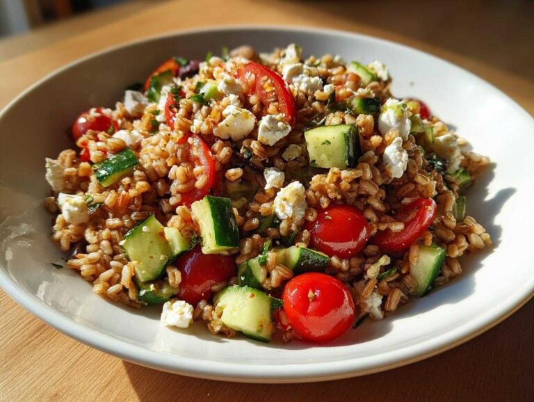 Close-up of a vibrant farro salad featuring whole grain farro, cherry tomatoes, cucumber chunks, and crumbled feta cheese.