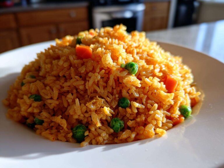 A perfectly mounded serving of vibrant orange mexican rice recipe mixed with bright green peas and diced carrots on a white plate.