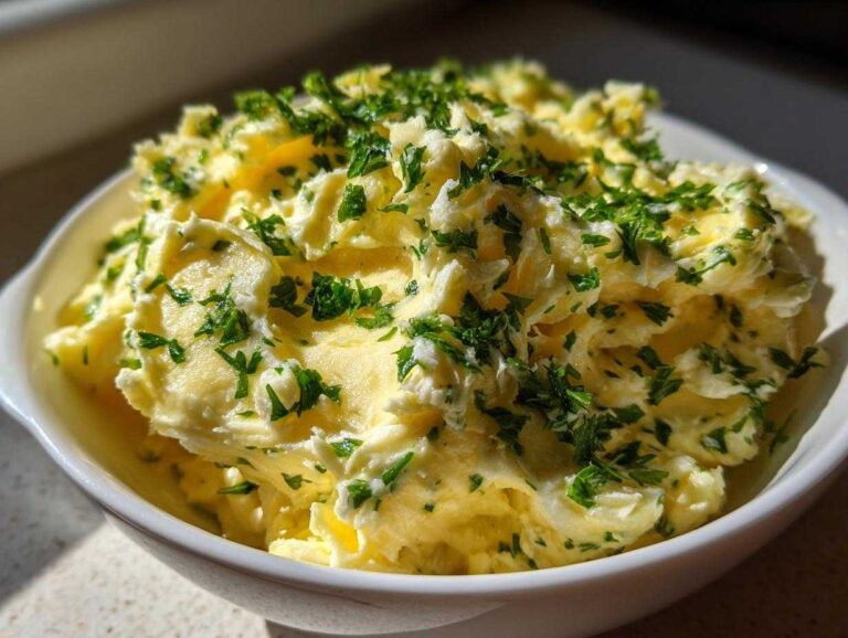 A close-up of homemade garlic butter, whipped and topped generously with chopped green parsley.