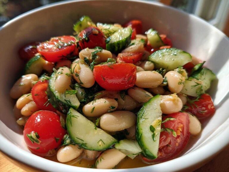 Close-up of a white bowl filled with a vibrant white bean salad featuring white beans, cherry tomatoes, and sliced cucumbers.