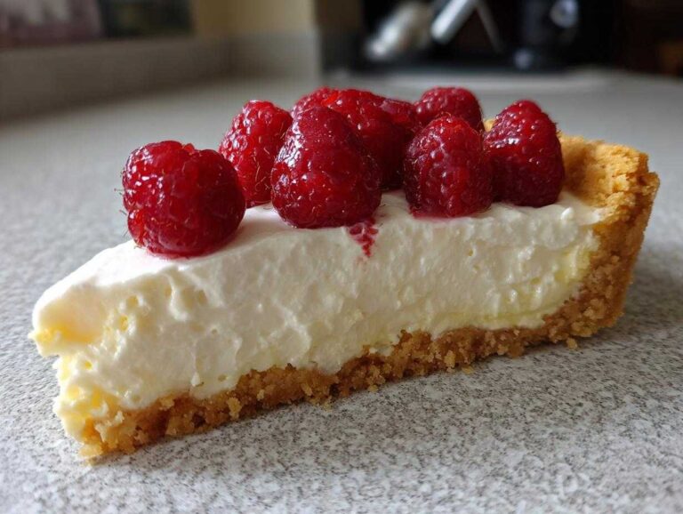 A close-up view of a slice of white chocolate mousse tart featuring a thick, creamy filling and a graham cracker crust, topped with fresh raspberries.
