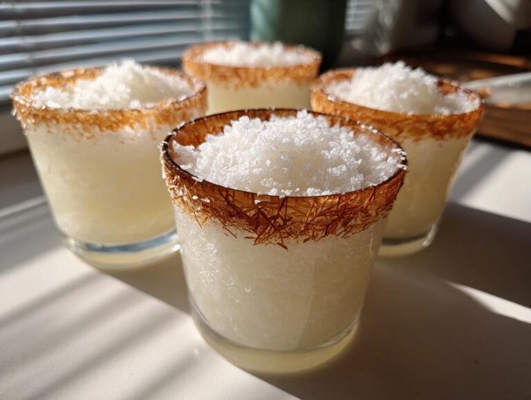 Four glasses of white christmas margarita topped with shaved ice and a toasted coconut rim, sitting in sunlight.