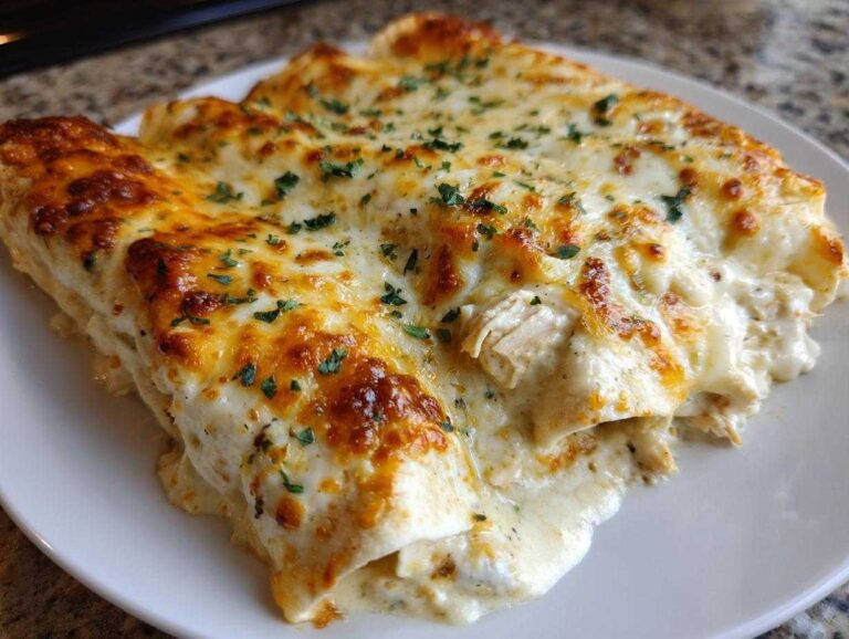 Close-up of creamy, cheesy white sauce chicken enchiladas baked until golden brown and sprinkled with parsley.