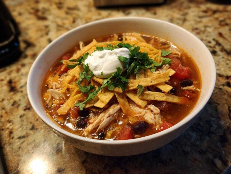 A hearty bowl of chicken tortilla soup topped with sour cream, cilantro, cheese, and crispy tortilla strips.