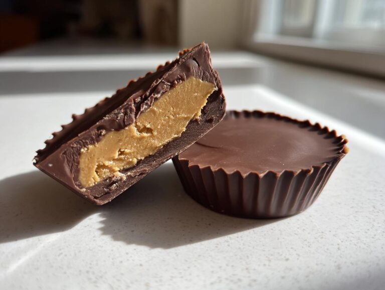 Close-up of a homemade peanut butter cup cut in half, showing the thick peanut butter filling inside the chocolate shell.